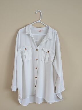 3X Como Vintage Breezy White Long Sleeve Button Front Collared Shirt Top